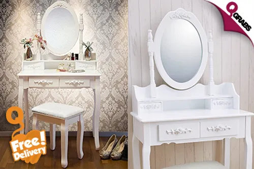 For QR399, Get Ready with an Antique Style White Dressing Table & Cushioned Stool - Includes FREE Delivery! (QR799 Value)